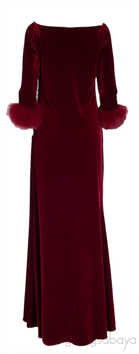 Red Velvet Fur Trim Cuff Dress