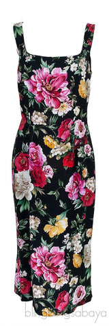 Black Floral Printed Crepe Sleeveless Midi Dress