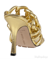Bottega Veneta Metallic Gold Reflection Weave Square Toe Sandals