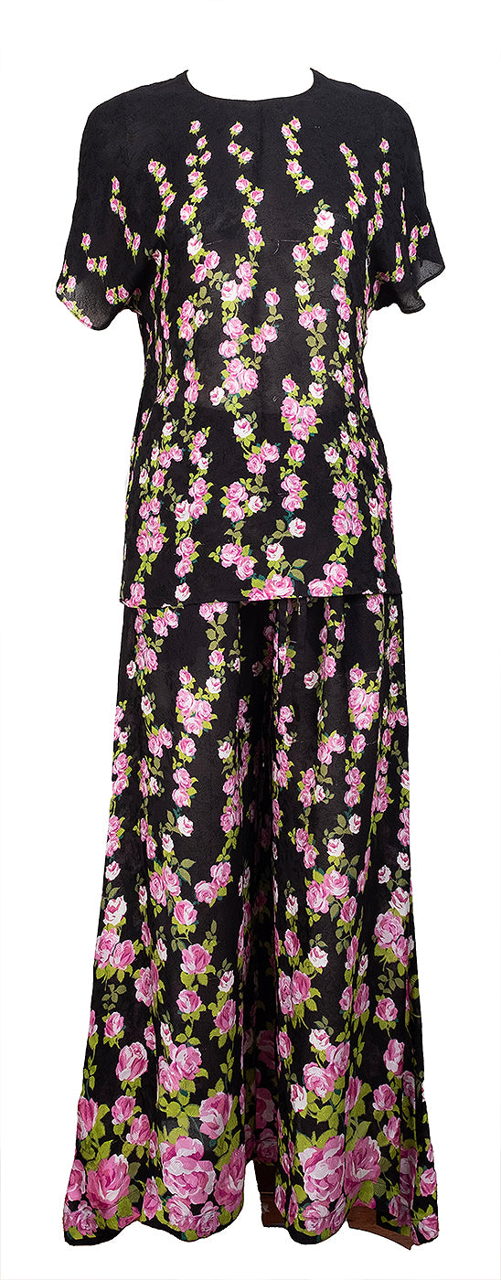 Gucci Black Climbing Roses Print Blouse & Wide Leg Trouser