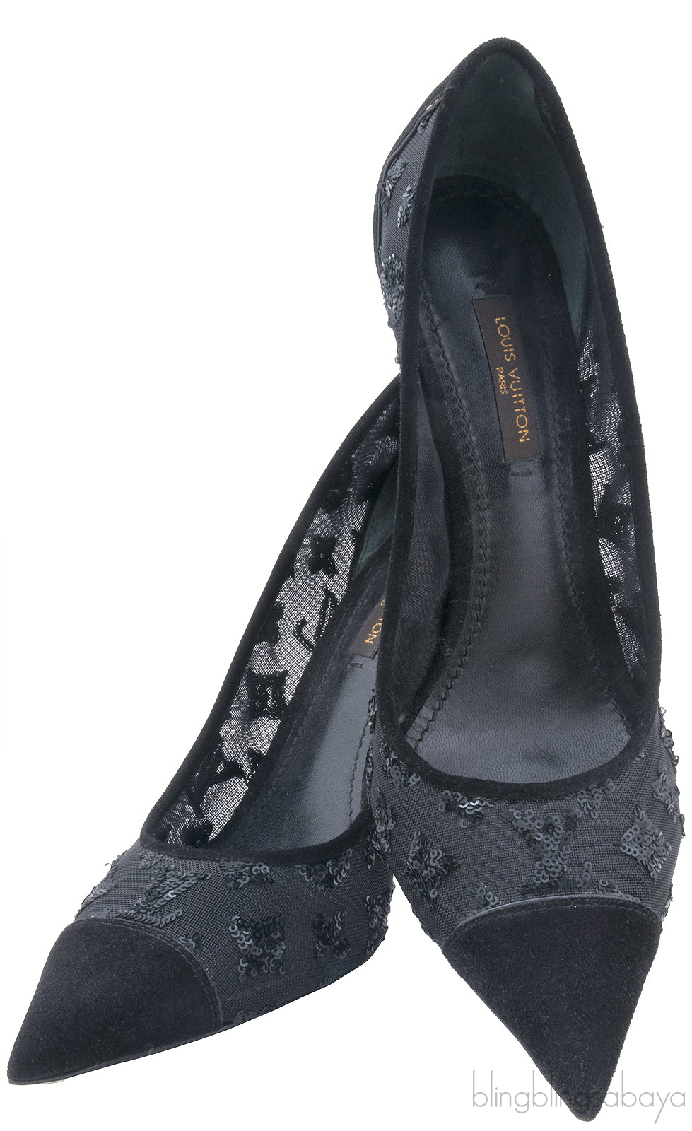Black Mesh Monogram Sequin Heels