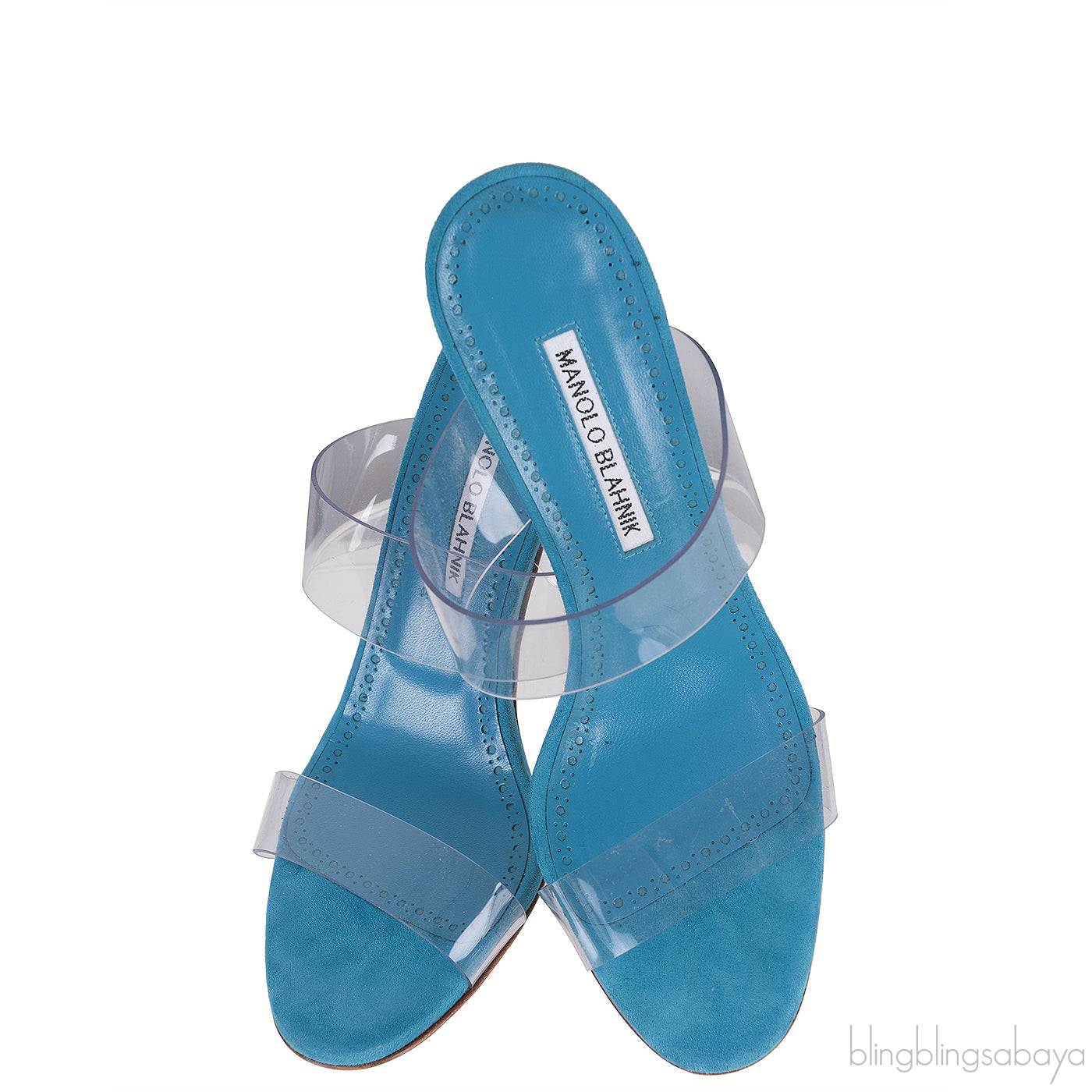 Manolo Blahnik Teal Blue Suede & Clear Eco PVC Scolto Open Toe Mules