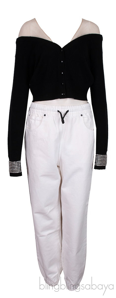 Mesh and Crystal Embellished Knitted Crop Top & White Denim Trouser