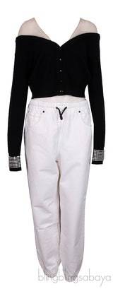 Mesh and Crystal Embellished Knitted Crop Top & White Denim Trouser