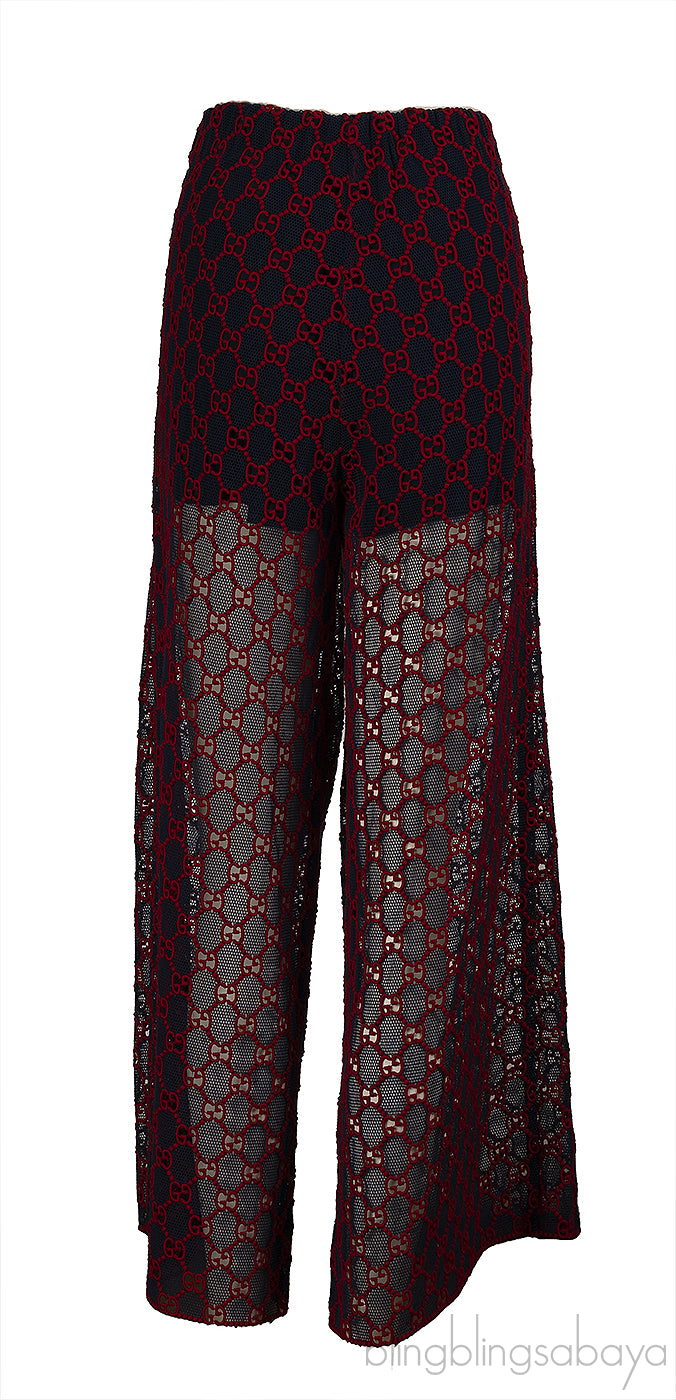 Gucci Navy Blue & Red GG Mesh Wide Leg Sheer Pants