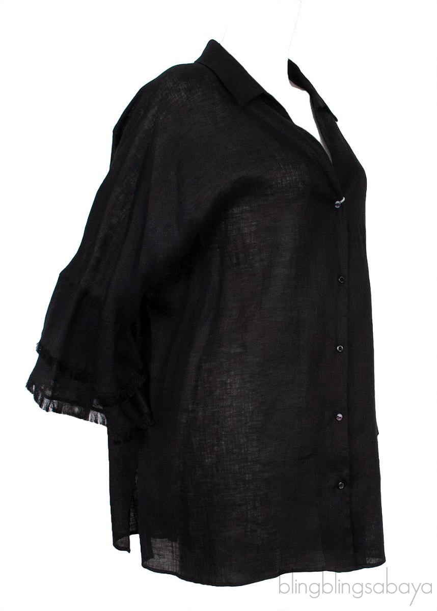 Black Linen Fringed Cuff Shirt