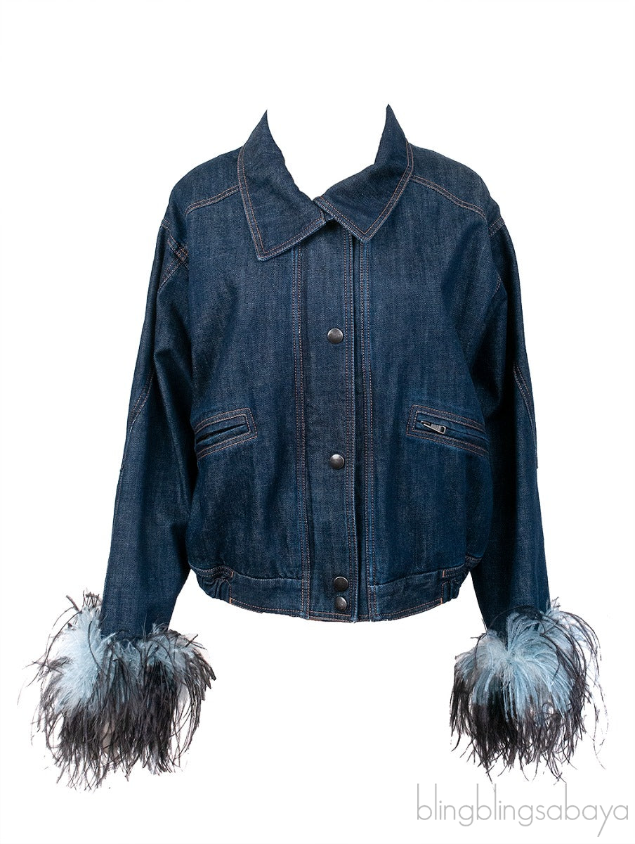 Blue Denim Feather Trim Jacket