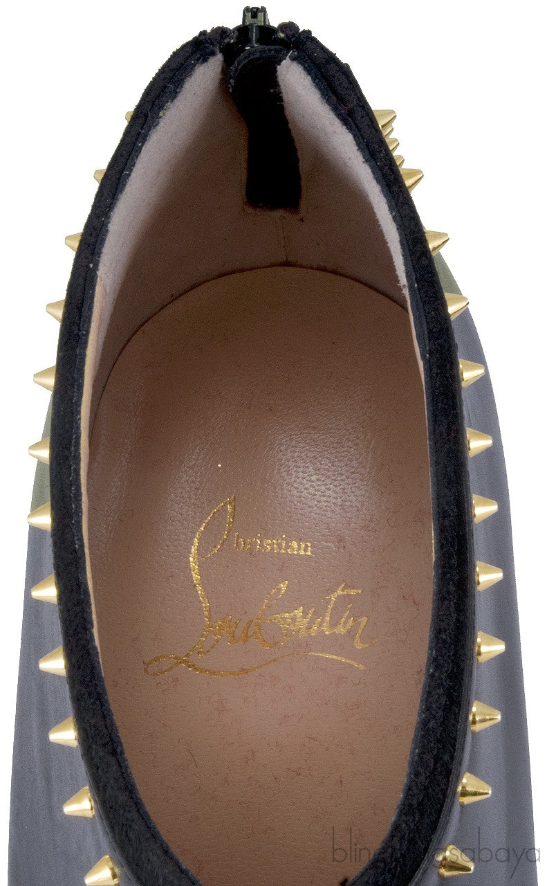 Black Studded Leather Peep Toe Boots