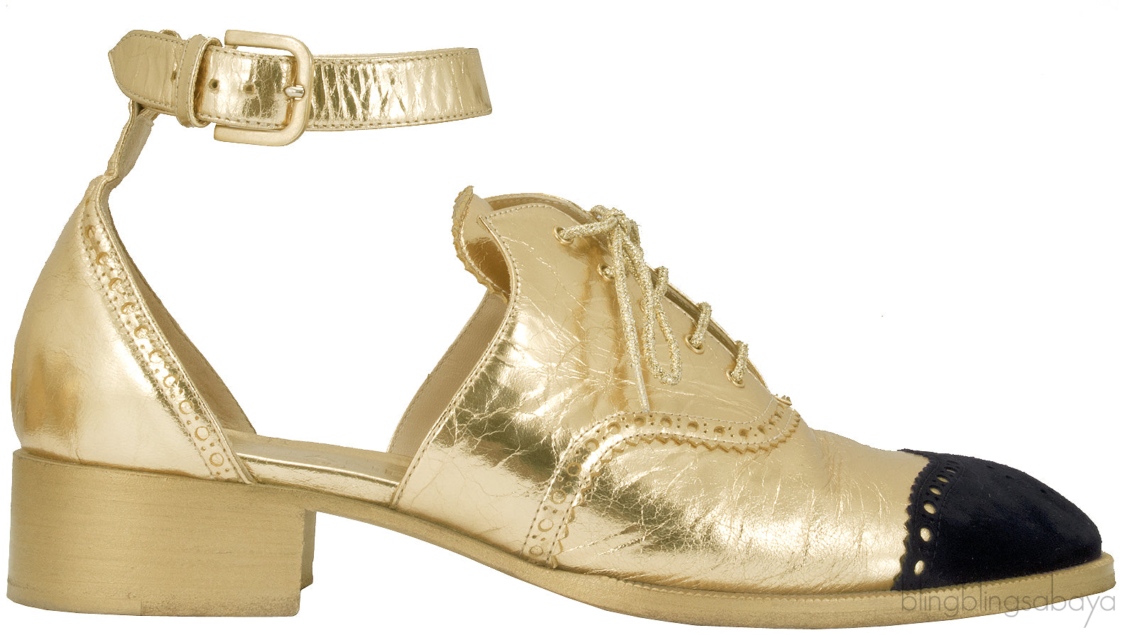 Metallic Gold Ankle Strap Brogue