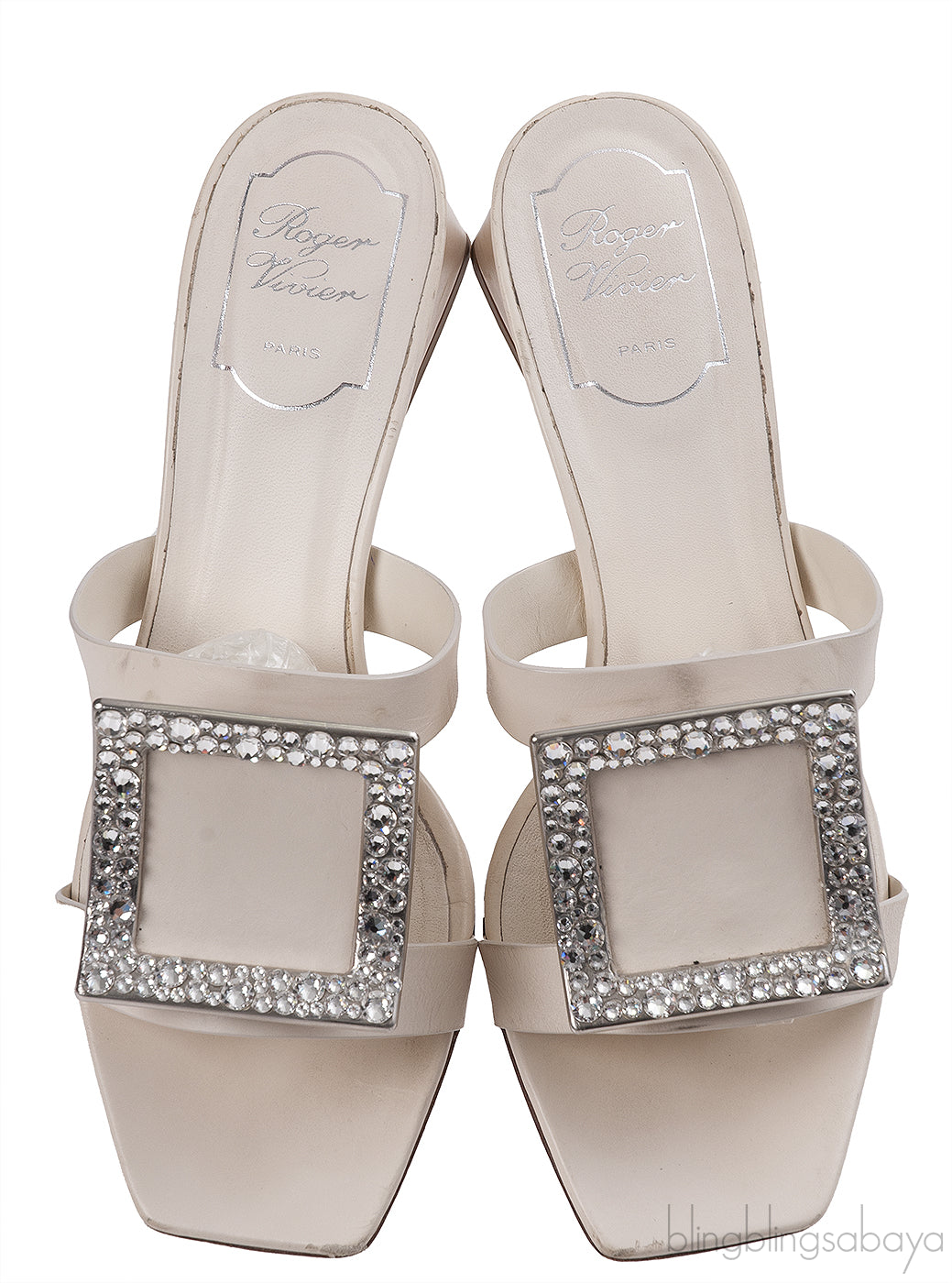Roger Vivier Off-white Crystal Square Toe Mules