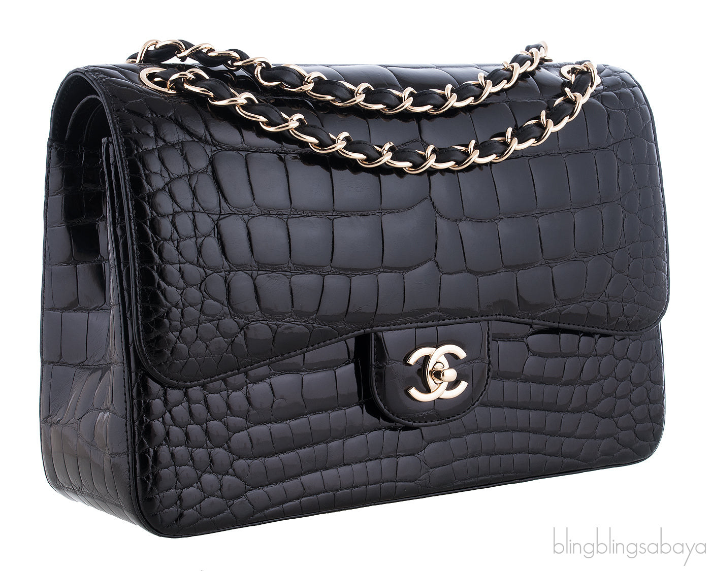 Black Patent Crocodile Flap Bag