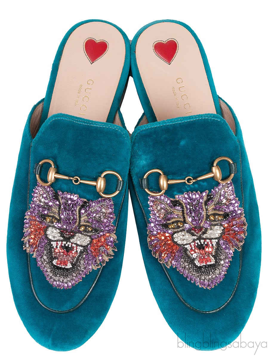 Teal Tiger Embroidered Princetown Slide