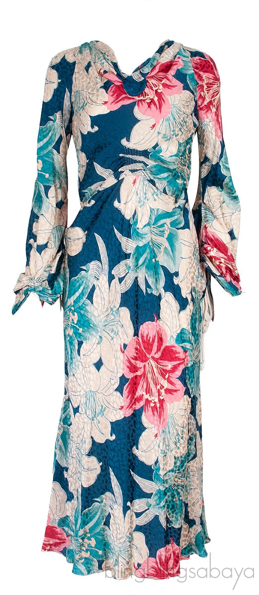 Blue Floral Print Gathered Midi Dress