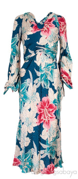 Blue Floral Print Gathered Midi Dress