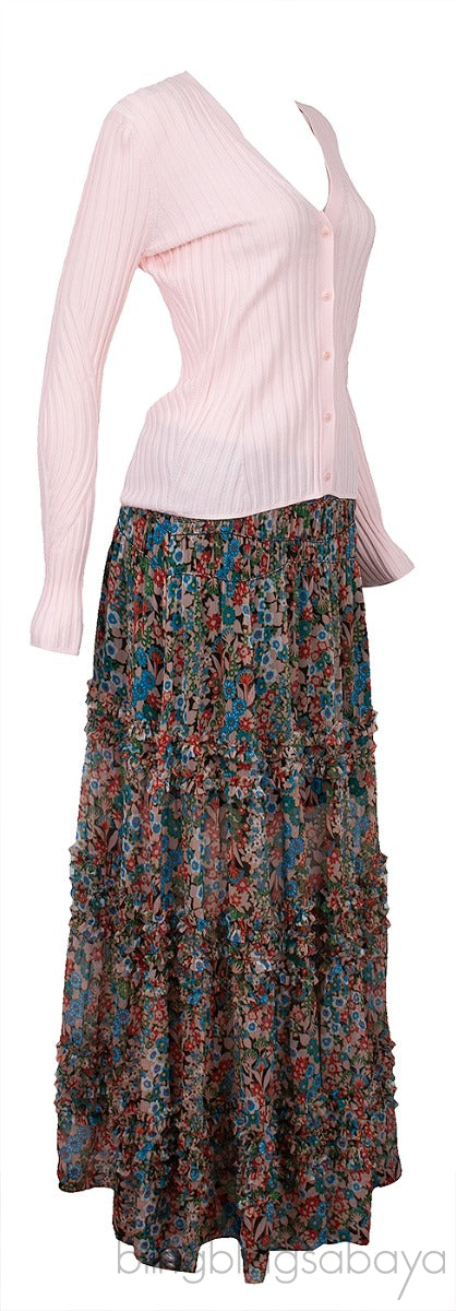 Pink Seam Free Engineered Cardigan & Tiered Multicolor Printed Skirt