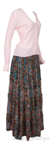 Pink Seam Free Engineered Cardigan & Tiered Multicolor Printed Skirt
