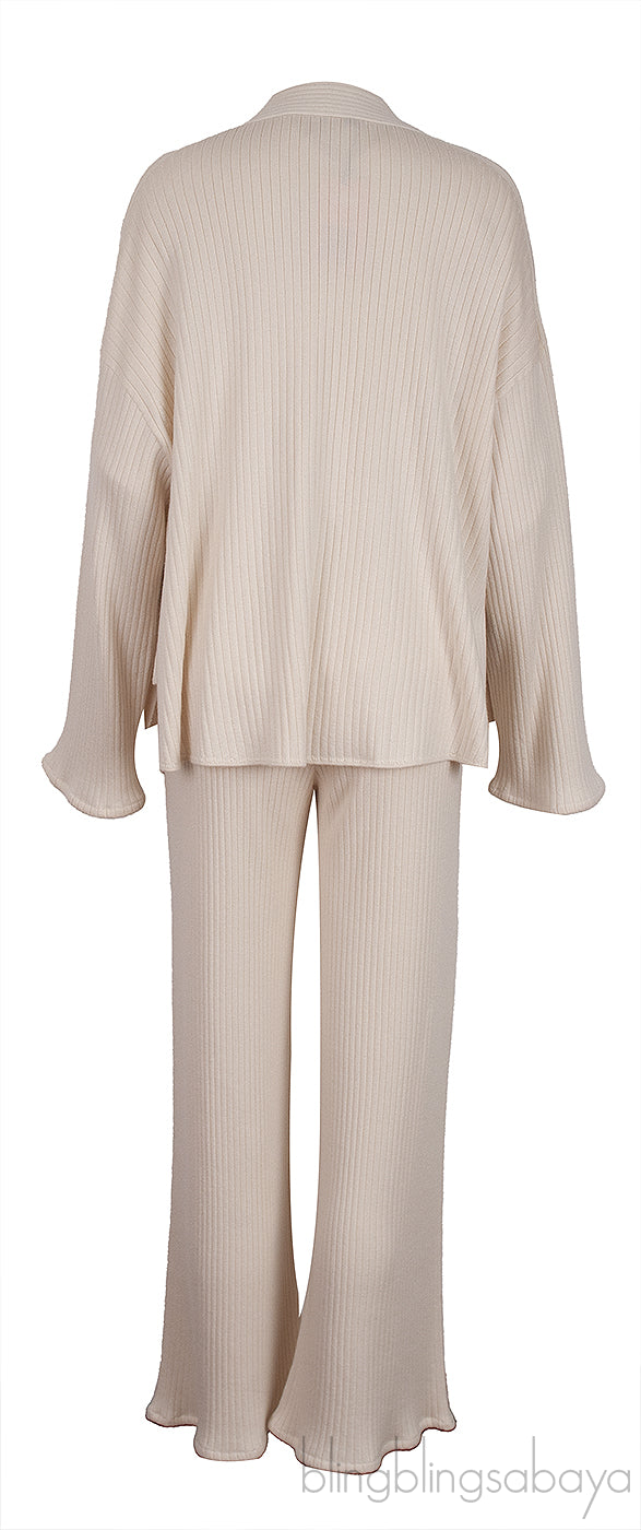 Off-white Cashmere Silk Blend Cardigan, Top & Wide Leg Set