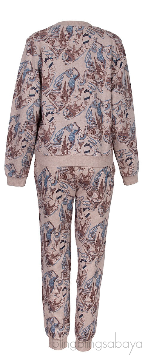 Light Brown Printed Cotton Blend Sweatshirt and Jogger