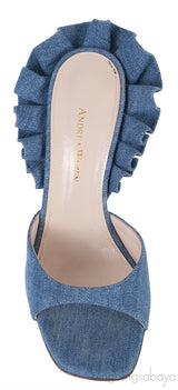 Andrea Wazen Blue Denim Rouches 105 Ruffled Mule Sandals