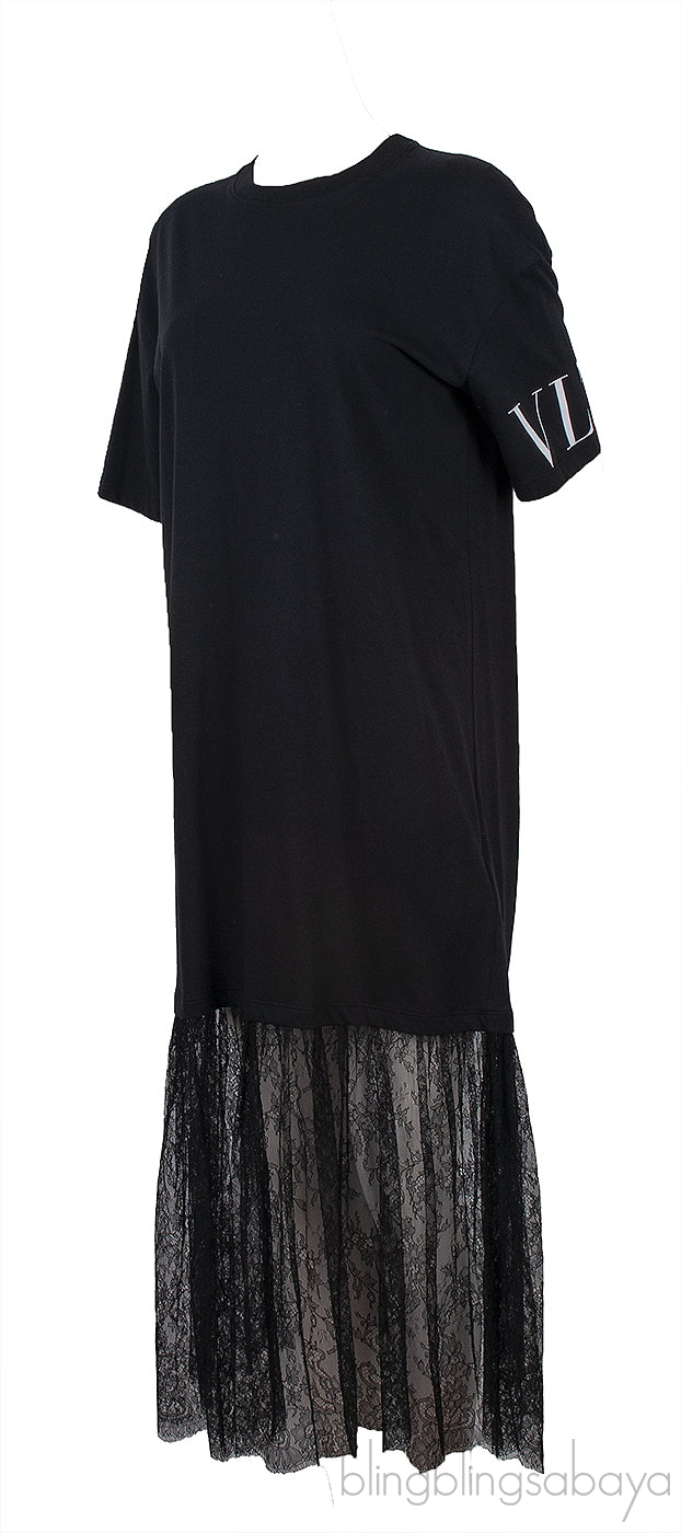Black VLTN Lace Trim T-shirt Dress