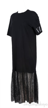 Black VLTN Lace Trim T-shirt Dress