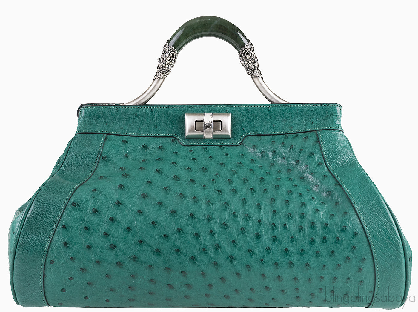 Green Ostrich Jade Handle Bag