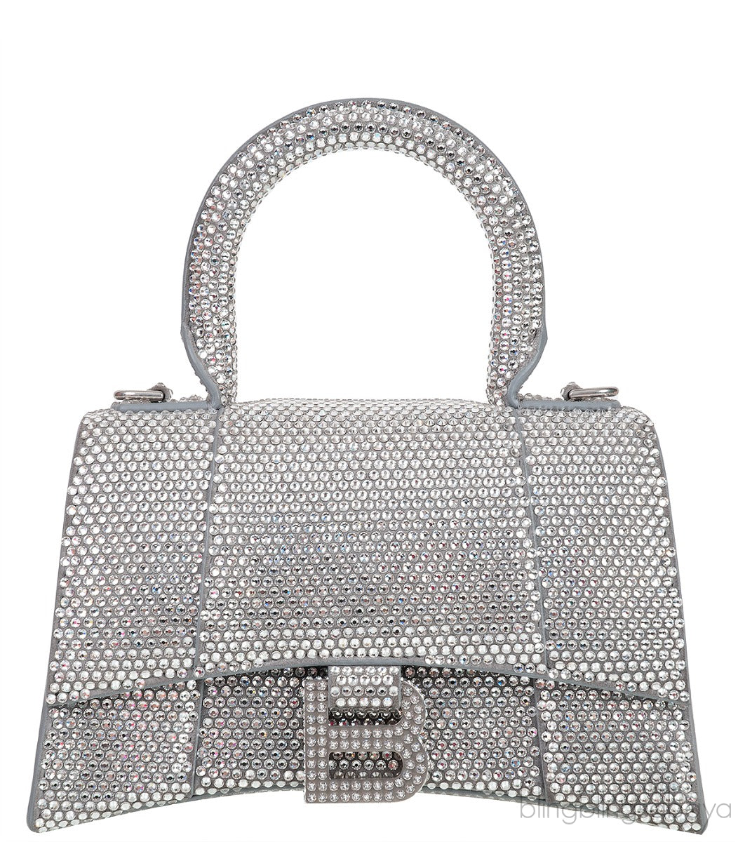 Silver Hourglass XS Rhinestone Suede Calfskin