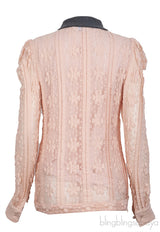 Flesh Lace Knit Self-tie Long Sleeve Blouse