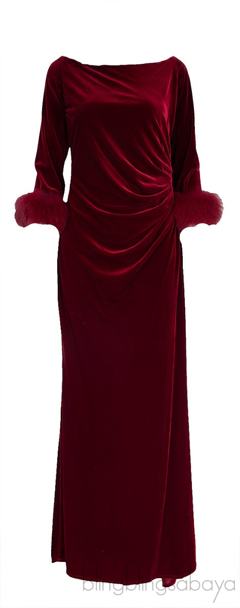 Red Velvet Fur Trim Cuff Dress