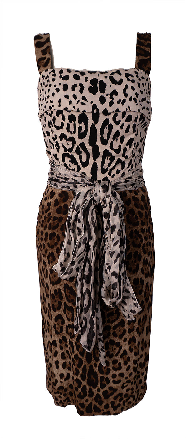 Dolce & Gabbana Leopard-Print Sleeveless Dress with Built-In Scarf L