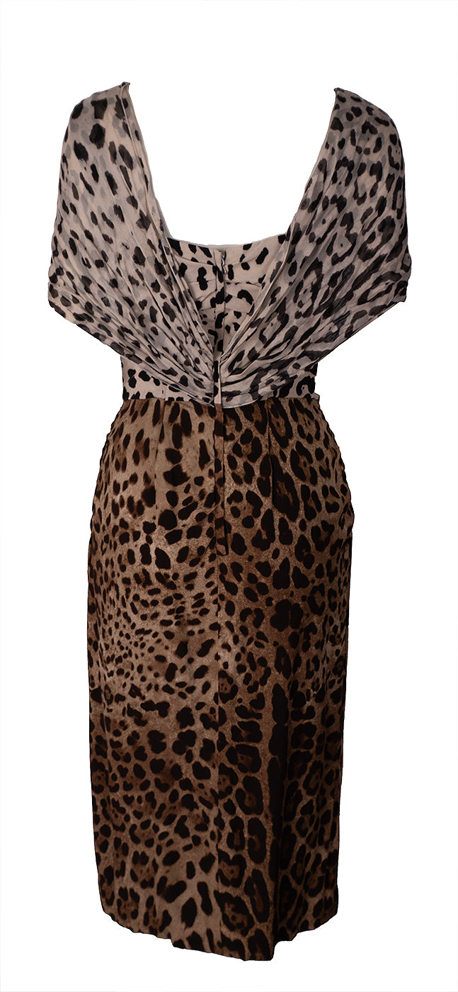 Dolce & Gabbana Leopard-Print Sleeveless Dress with Built-In Scarf L