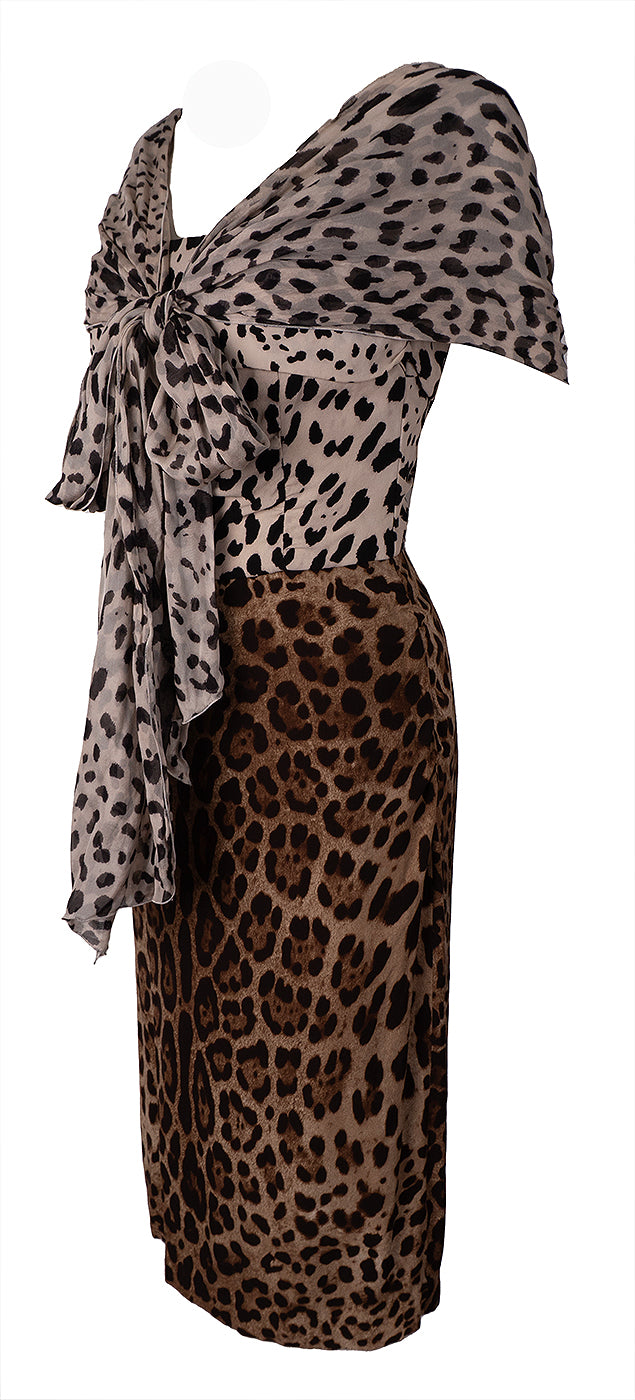 Dolce & Gabbana Leopard-Print Sleeveless Dress with Built-In Scarf L