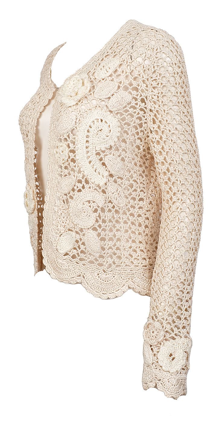 Oscar dela Renta Beige Paisley & Floral Crochet Cardigan S