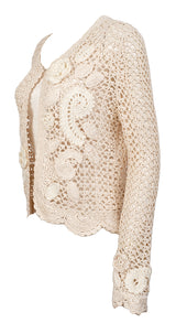 Oscar dela Renta Beige Paisley & Floral Crochet Cardigan S