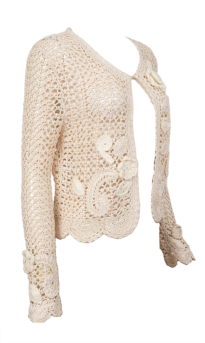 Oscar dela Renta Beige Paisley & Floral Crochet Cardigan S