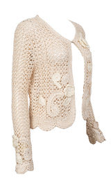 Oscar dela Renta Beige Paisley & Floral Crochet Cardigan S
