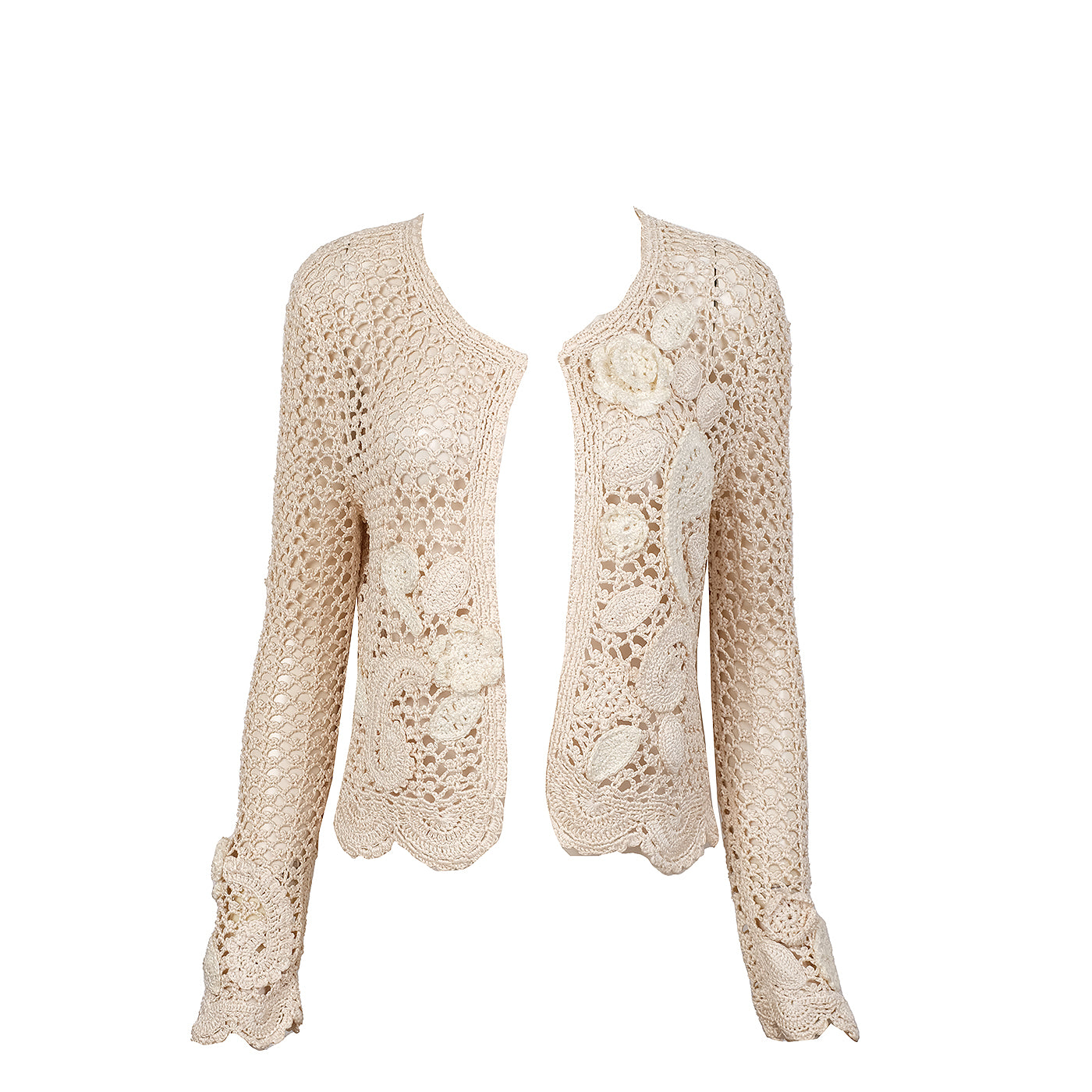 Oscar dela Renta Beige Paisley & Floral Crochet Cardigan S