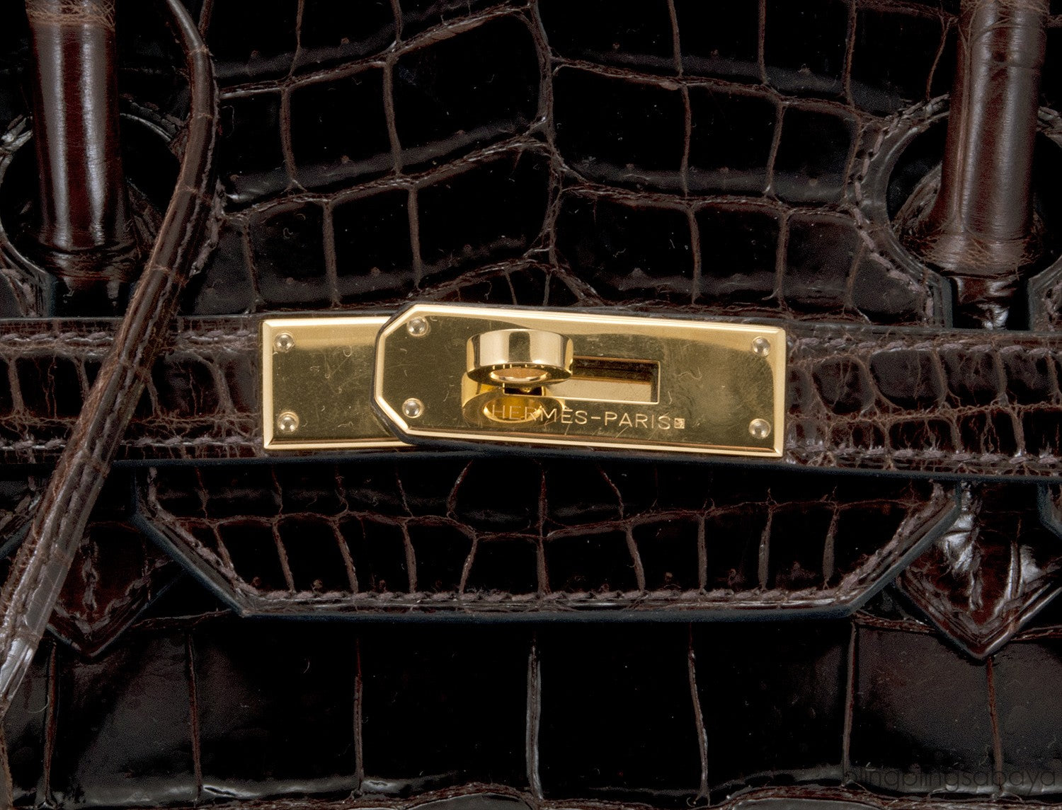 Birkin 35 Brown Patent Porosus GHW