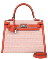 Kelly 28 Sellier Toile Quadrille Veau Swift Terre Battue-Mauve Sylvester-Blanc