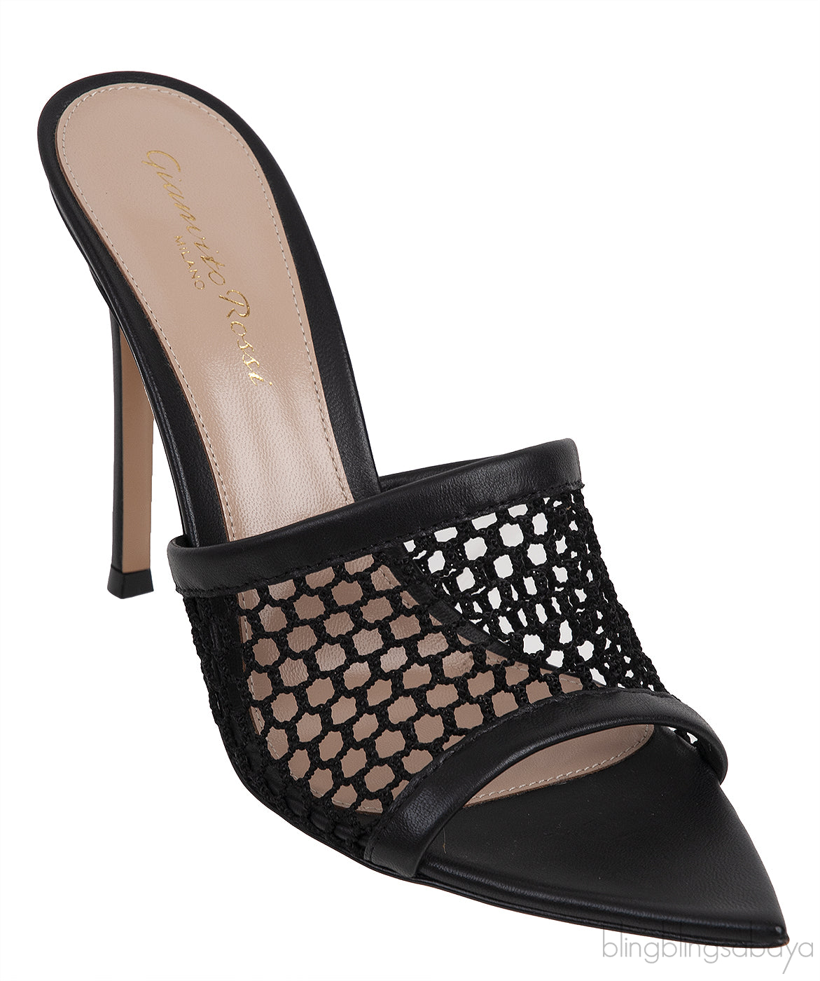 Black Leather Trimmed Fishnet Mules