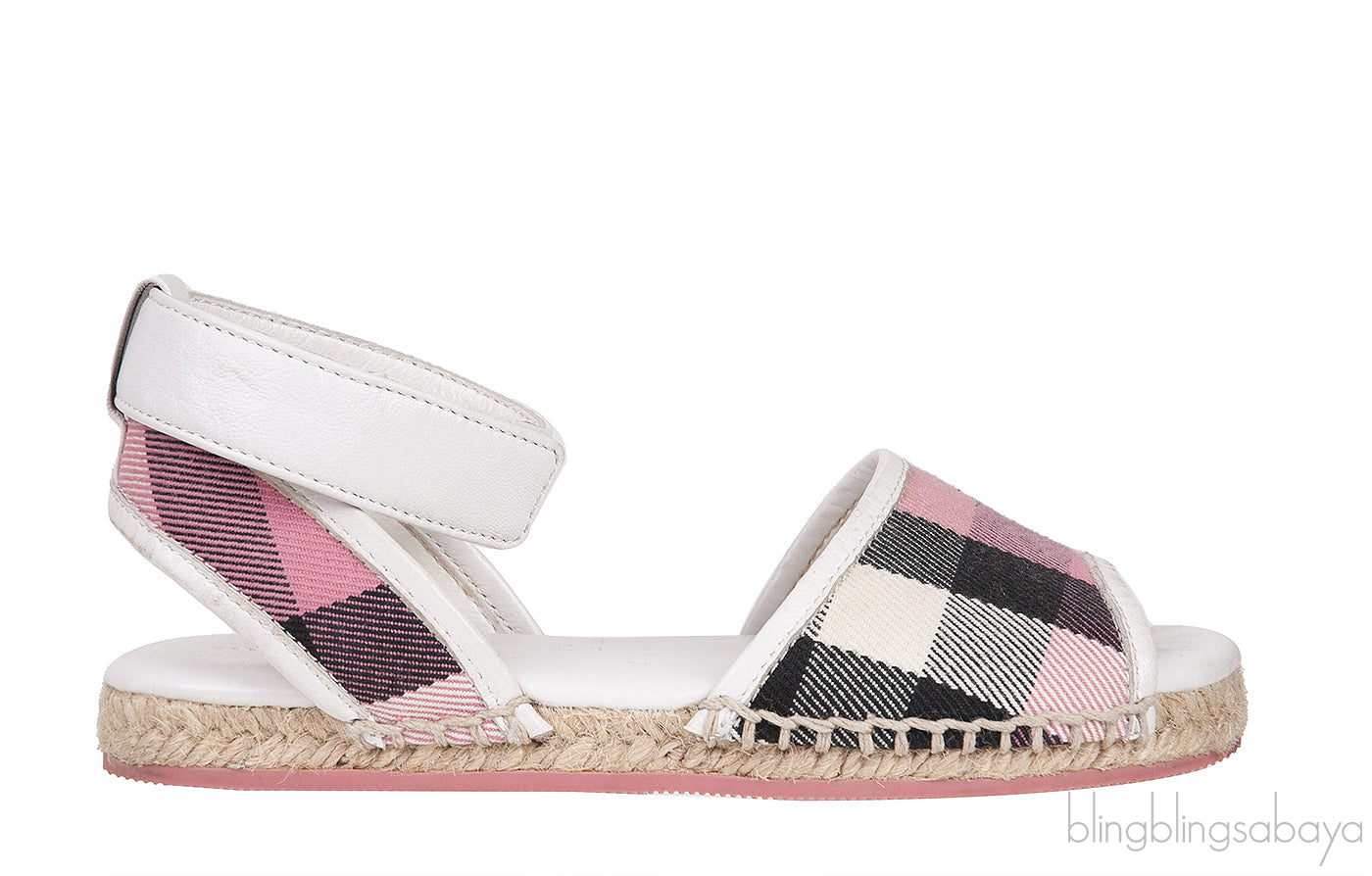 White Leather Pink Check Espadrille Kids Sandals