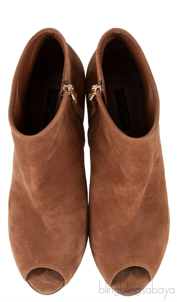 Louis Vuitton Brown Suede Peep Toe Ankle Boots