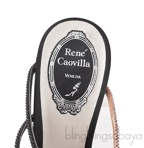 Rene Caovilla Pearl & Rose Gold Crystal Black Satin Sandals
