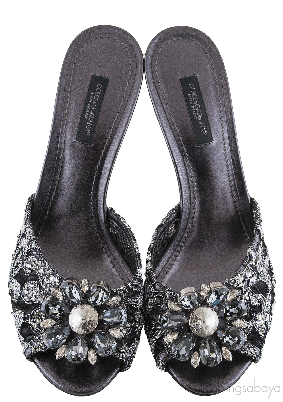 Grey Lace Crystal Vamp Slip-on Sandals