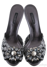 Grey Lace Crystal Vamp Slip-on Sandals