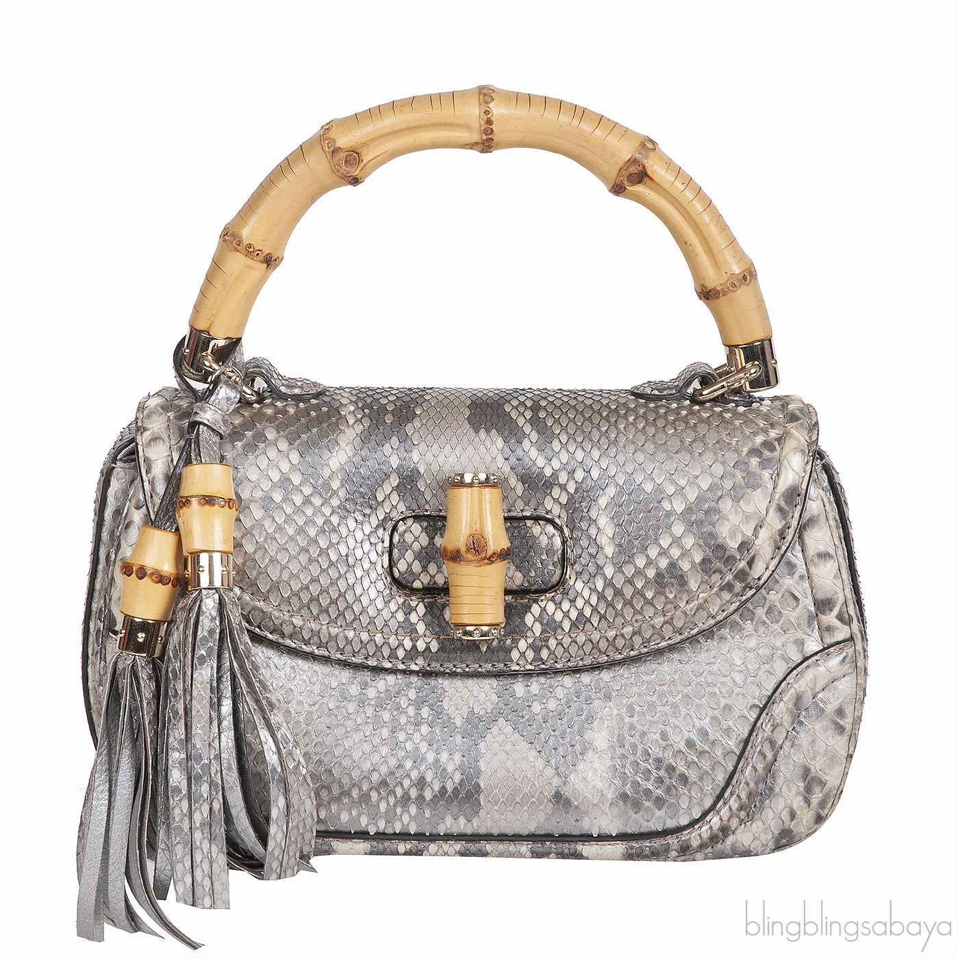 Gucci Silver Python Bamboo Handle Bag