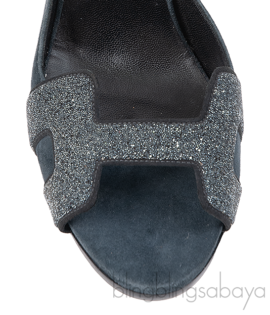Hermes Premiere Glitter Blue Grey Suede Sandals
