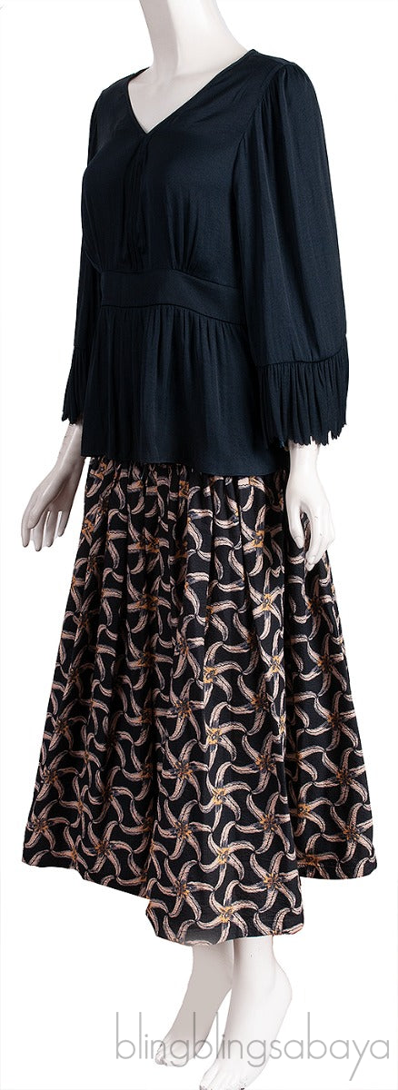 Dark Blue Blouse & Floral Print Skirt