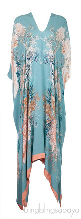 Blue Floral Print Silk Kaftan Dress
