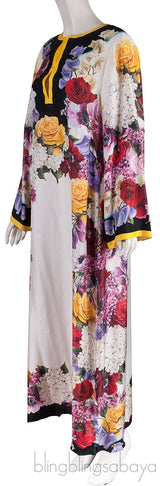 Yellow Trim Floral Printed Kaftan Dress